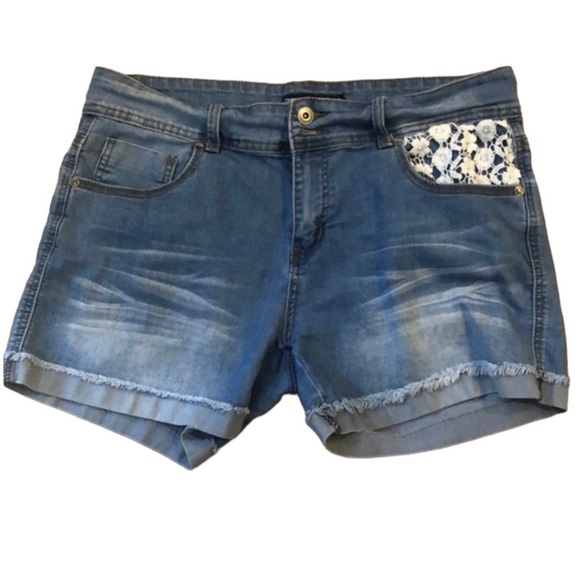Blue Savvy Pants - BLUE SAVVY MID RISE JEAN SHORTS WITH CROCHETED POCKET DETAILING BLU PLUS SIZE 14